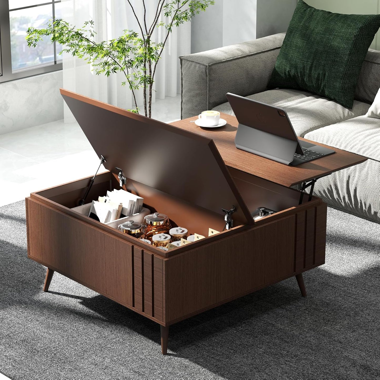 Round Coffee Table with Storage,Mid Century Modern Coffee Table with Sliding Cabinet Door for Living Room,Home Small Space,31.5" Fluted Center Table,Walnut