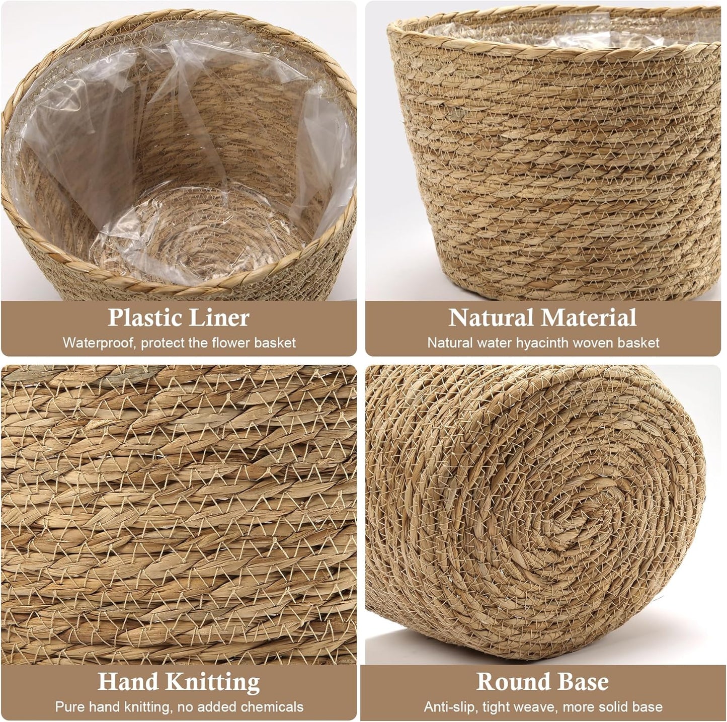 Plant Basket, 3 PCS Plant Baskets Indoor with Plastic Liner, Water Hyacinth Woven Planters Flower Basket, Planter Basket for Rustic Boho Home Farmhouse Floor Potted Pots Decor