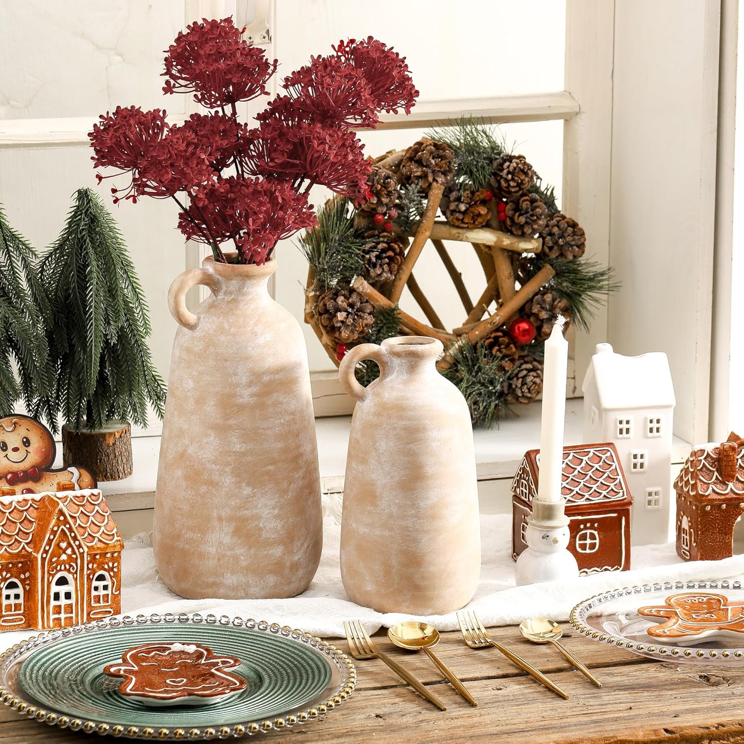 Ceramic Rustic Vase, 12.8" Large Flower Vases Home Decor for Pampas Farmhouse Decorative Pottery Clay Vase for Mantel Entryway Table Living Room Kitchen Bathroom Bedroom