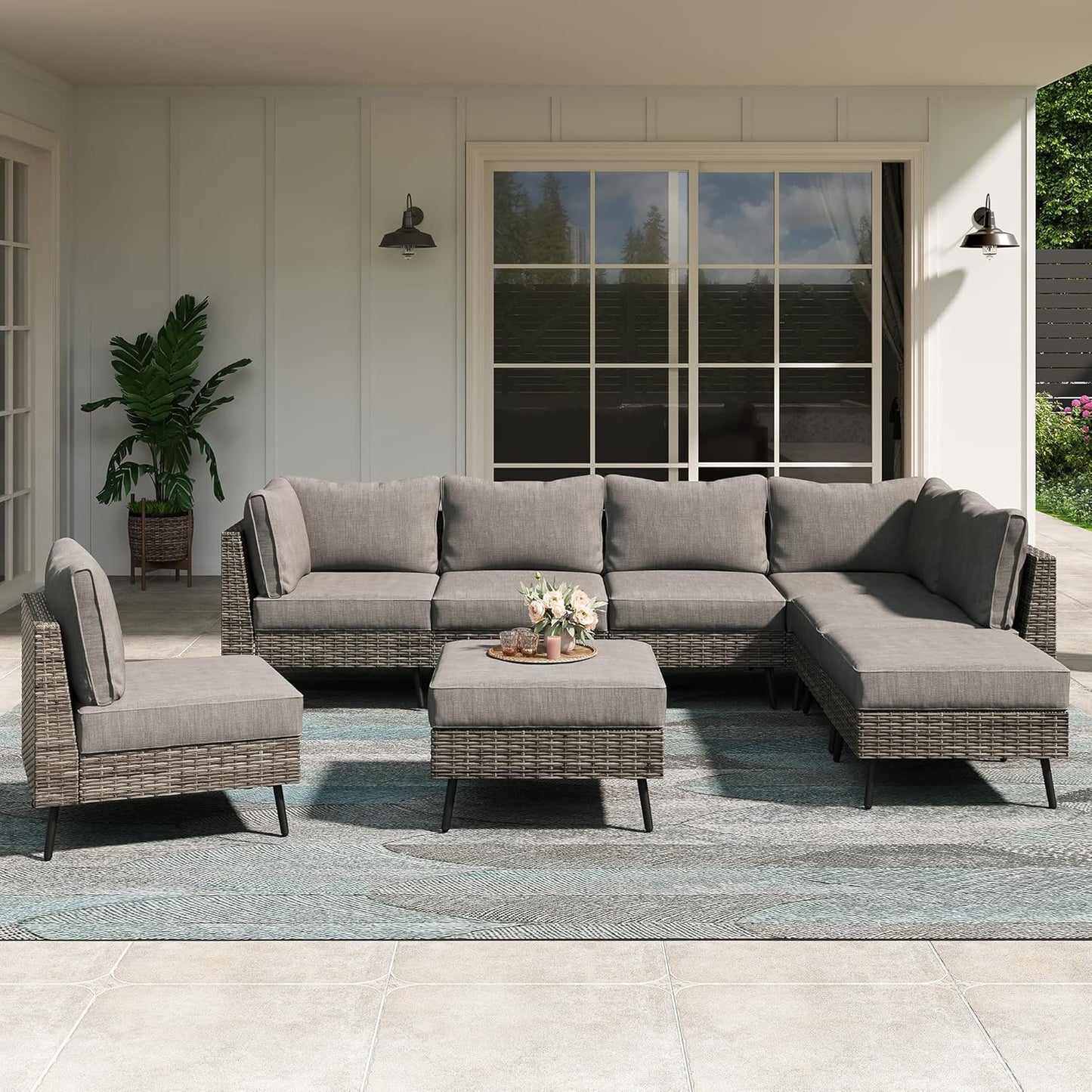 Outdoor Patio Furniture, 8 Piece Outdoor Sectional Sofa PE Rattan Wicker Patio Conversation Sets,All Weather Patio Furniture Set with Thick Cushions for Garden, Poolside, Backyard(Beige)