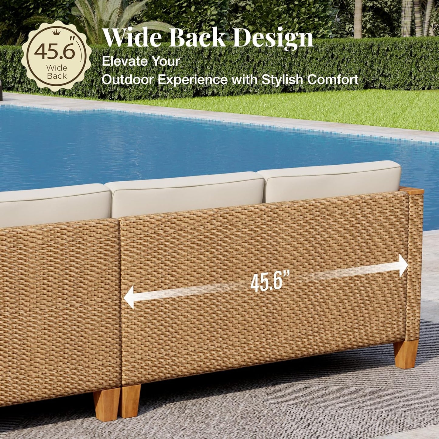 Wicker Outdoor Patio Furniture Set 3 Pieces Patio Chaise Longue Conversation Set, Rattan L-Shaped Sofa Couch with Acacia Wood Coffee Table for Deck Porch and Garden