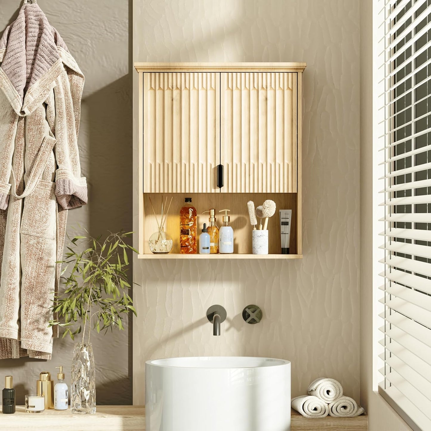 Wall Mounted Cabinet, Modern Medicine Cabinets with Fluted Doors and Adjustable Shelf over the Toilet Storage Organizer