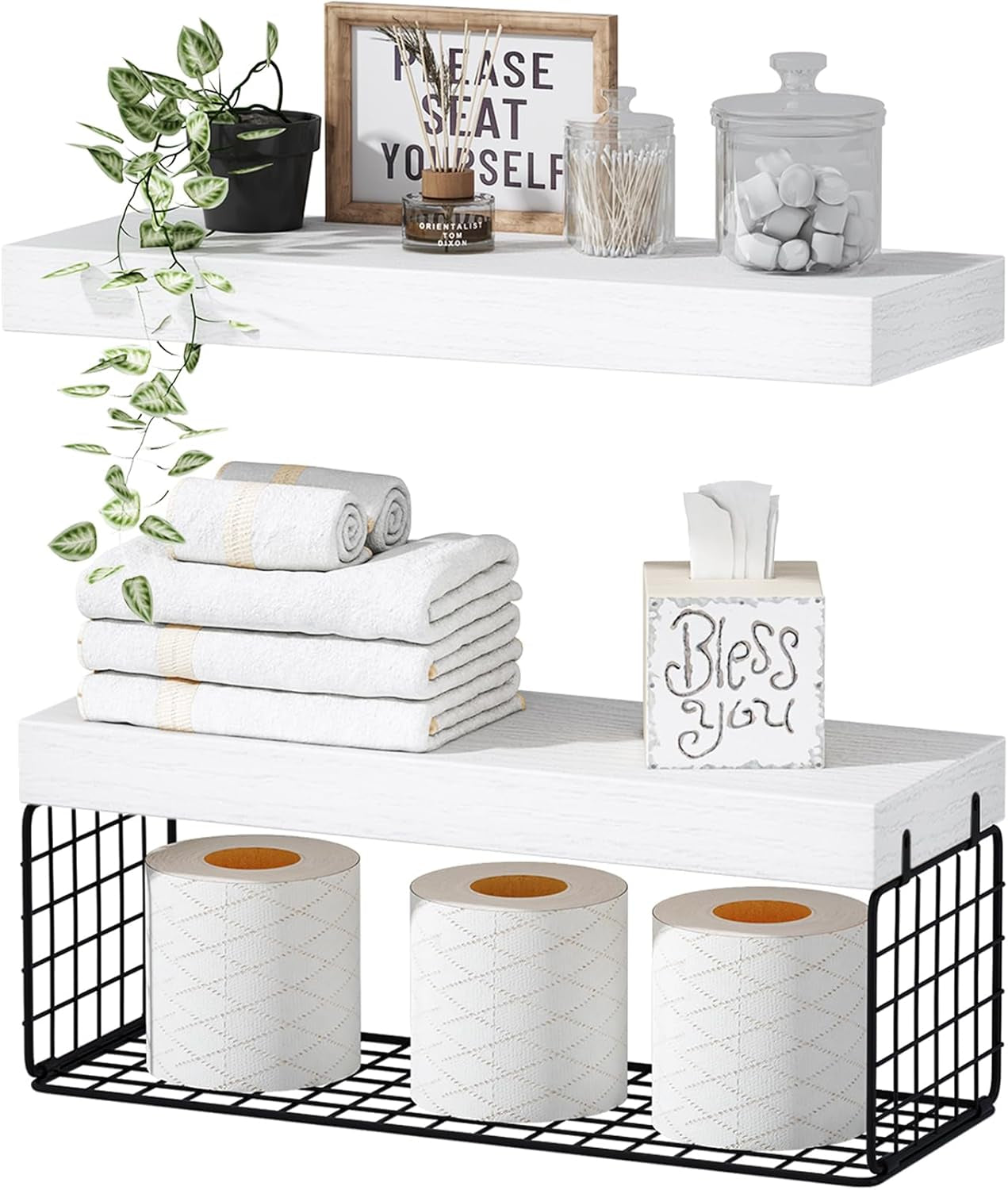 Bathroom Shelves over Toilet - Wall Mounted Floating Shelves Toilet Paper Storage Small Farmhouse Decor Shelf 16 Inch Set of 2, Rustic Brown (019-BN2)
