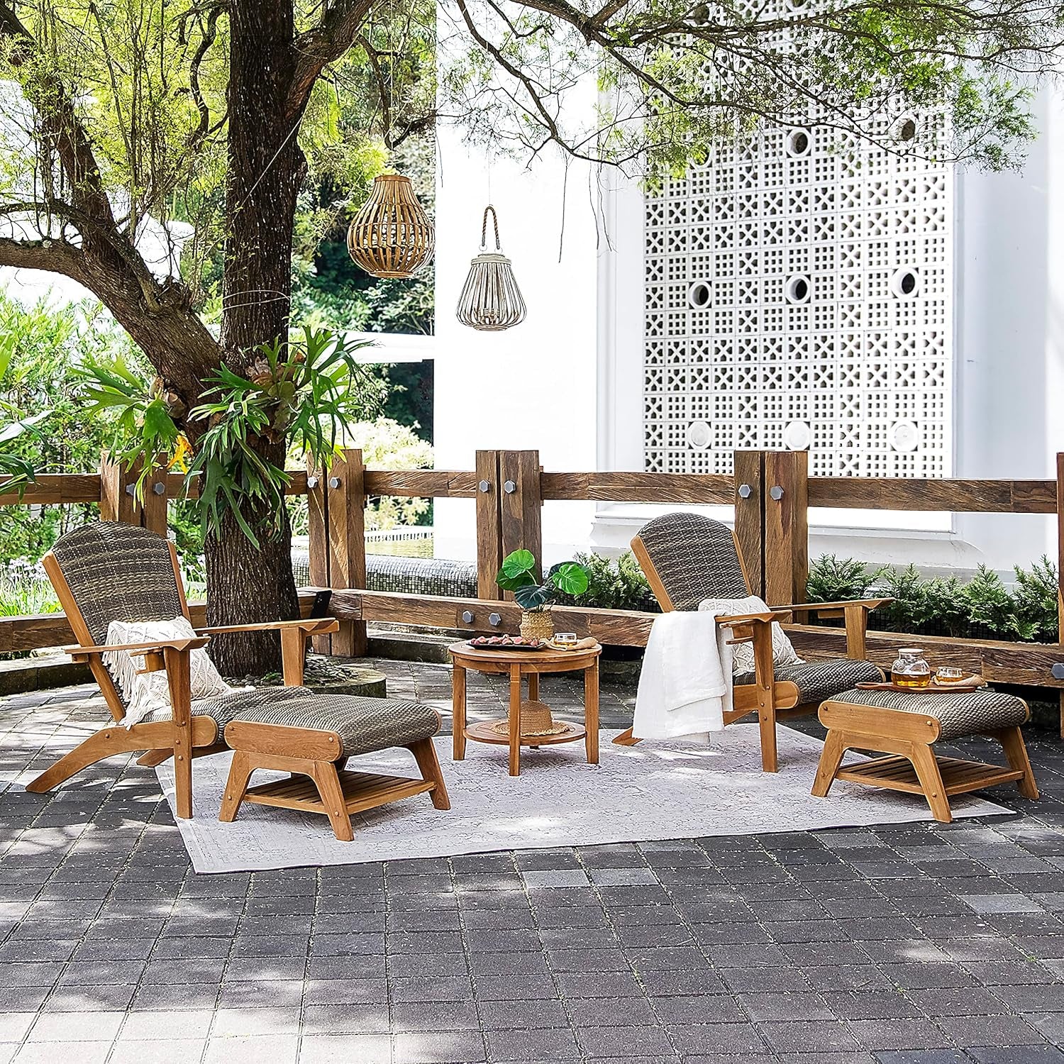 Auburn Padded Upholstered Outdoor Adirondack Chair, Teak Wood and All-Weather Wicker