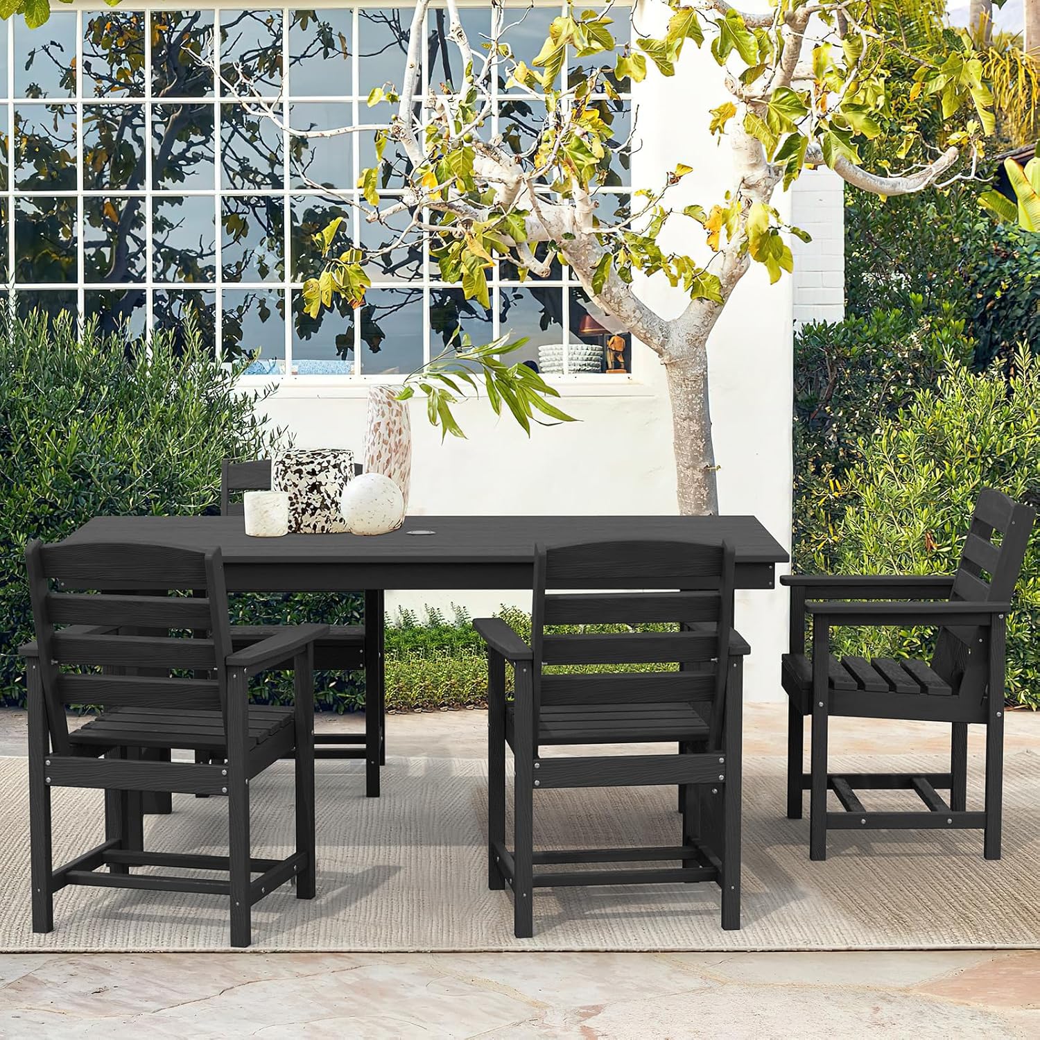 Patio Dining Table Sets 5-Piece, Outdoor HDPE Dining Furniture Set with Umbrella Hole Cut-Out Table and 4 Chairs, All Weather Dining Set for Lawn, Garden, Backyard, Poolside, Black
