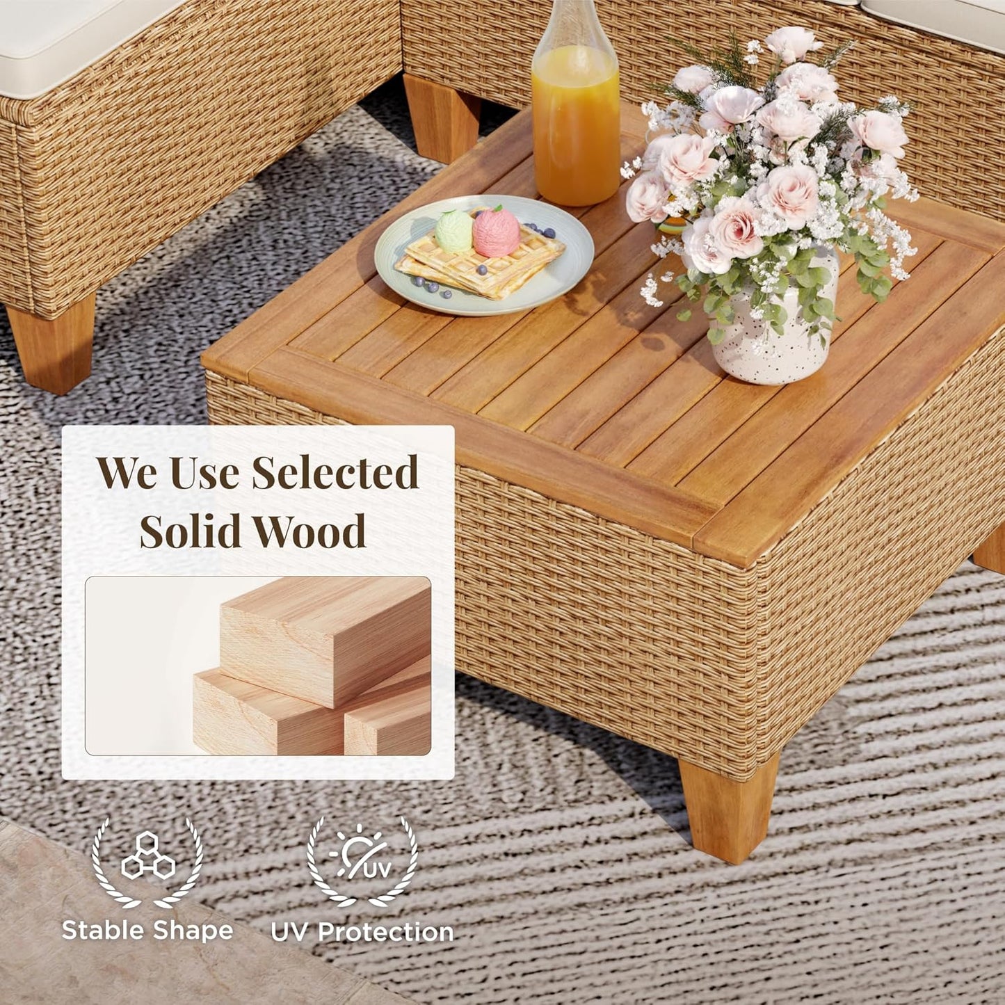 Wicker Outdoor Patio Furniture Set 3 Pieces Patio Chaise Longue Conversation Set, Rattan L-Shaped Sofa Couch with Acacia Wood Coffee Table for Deck Porch and Garden