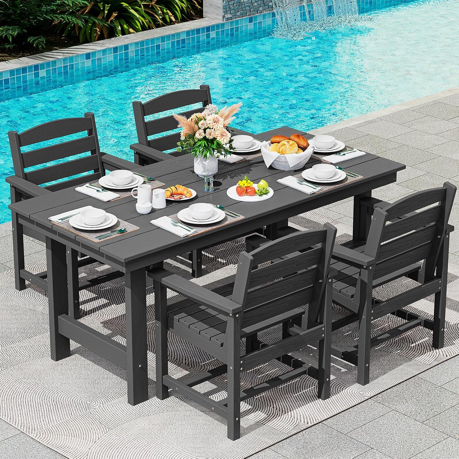 Patio Dining Table Sets 5-Piece, Outdoor HDPE Dining Furniture Set with Umbrella Hole Cut-Out Table and 4 Chairs, All Weather Dining Set for Lawn, Garden, Backyard, Poolside, Black