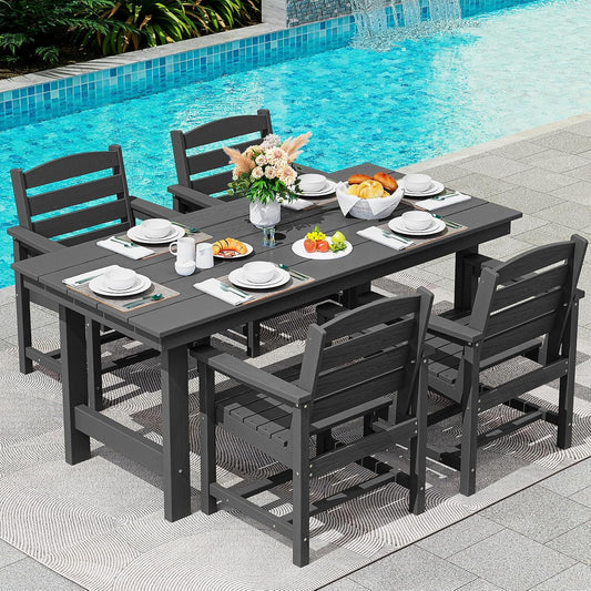 Patio Dining Table Sets 5-Piece, Outdoor HDPE Dining Furniture Set with Umbrella Hole Cut-Out Table and 4 Chairs, All Weather Dining Set for Lawn, Garden, Backyard, Poolside, Black