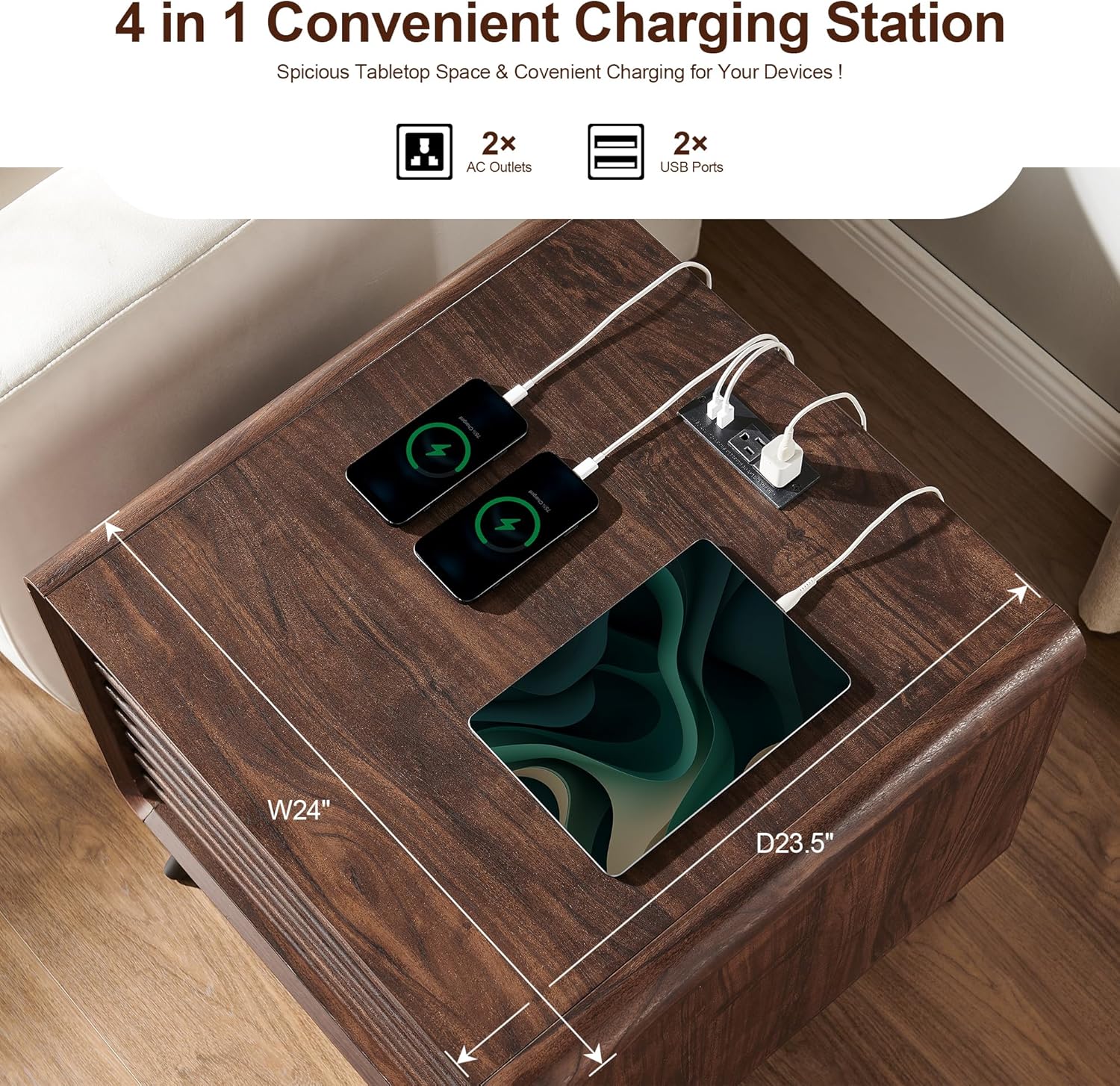 24" Nightstand with Charger Station, Mid Century Modern Fluted End Table with 2 Drawers, Wooden Side Table with Open Cubby Storage for Living Room, Bedroom, Office (Dark Walnut)