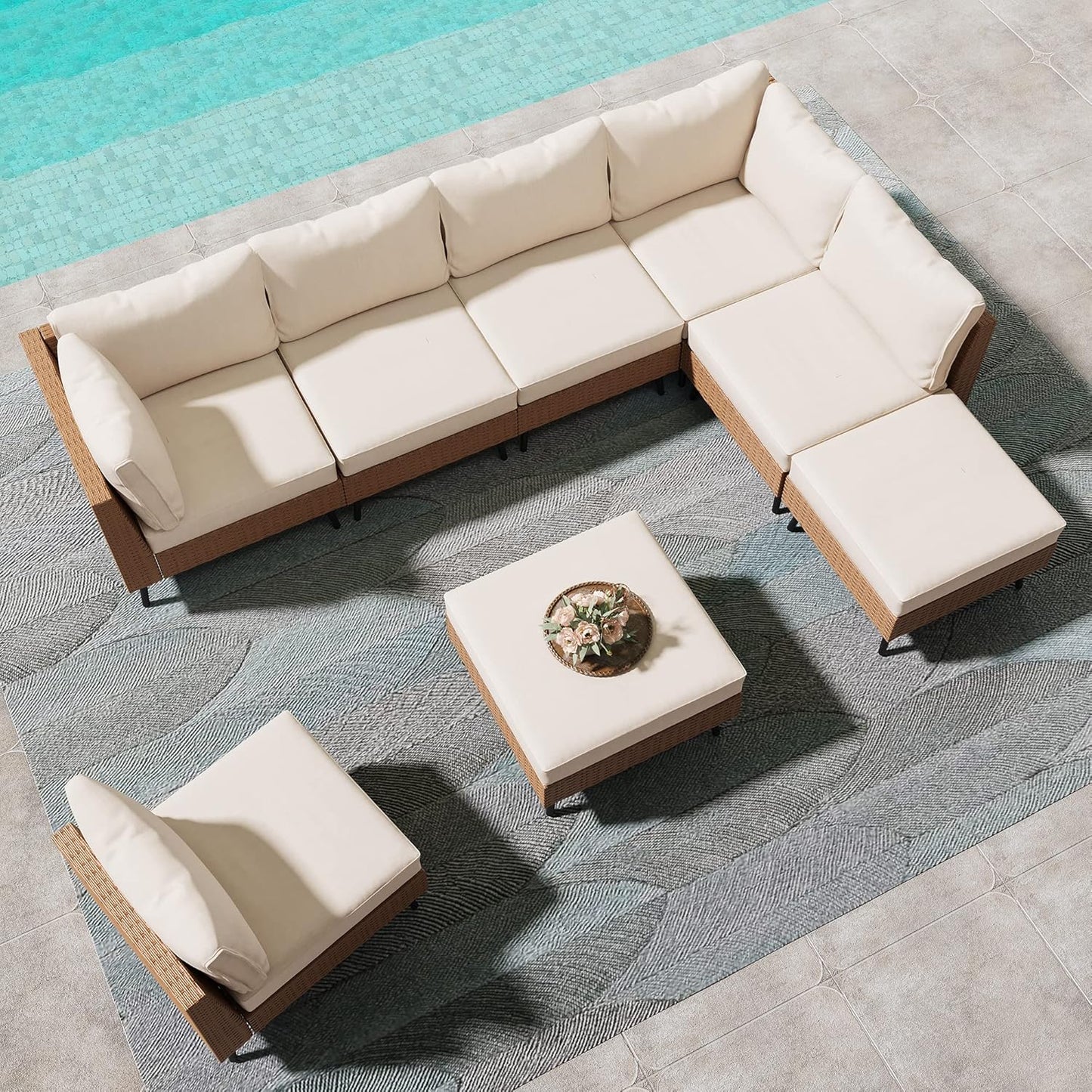 Outdoor Patio Furniture, 8 Piece Outdoor Sectional Sofa PE Rattan Wicker Patio Conversation Sets,All Weather Patio Furniture Set with Thick Cushions for Garden, Poolside, Backyard(Beige)