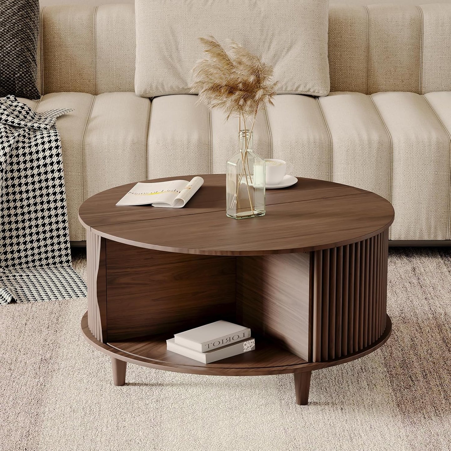 Round Coffee Table with Storage,Mid Century Modern Coffee Table with Sliding Cabinet Door for Living Room,Home Small Space,31.5" Fluted Center Table,Walnut