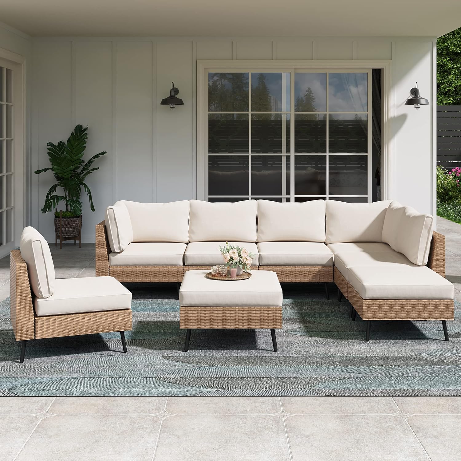 Outdoor Patio Furniture, 8 Piece Outdoor Sectional Sofa PE Rattan Wicker Patio Conversation Sets,All Weather Patio Furniture Set with Thick Cushions for Garden, Poolside, Backyard(Beige)