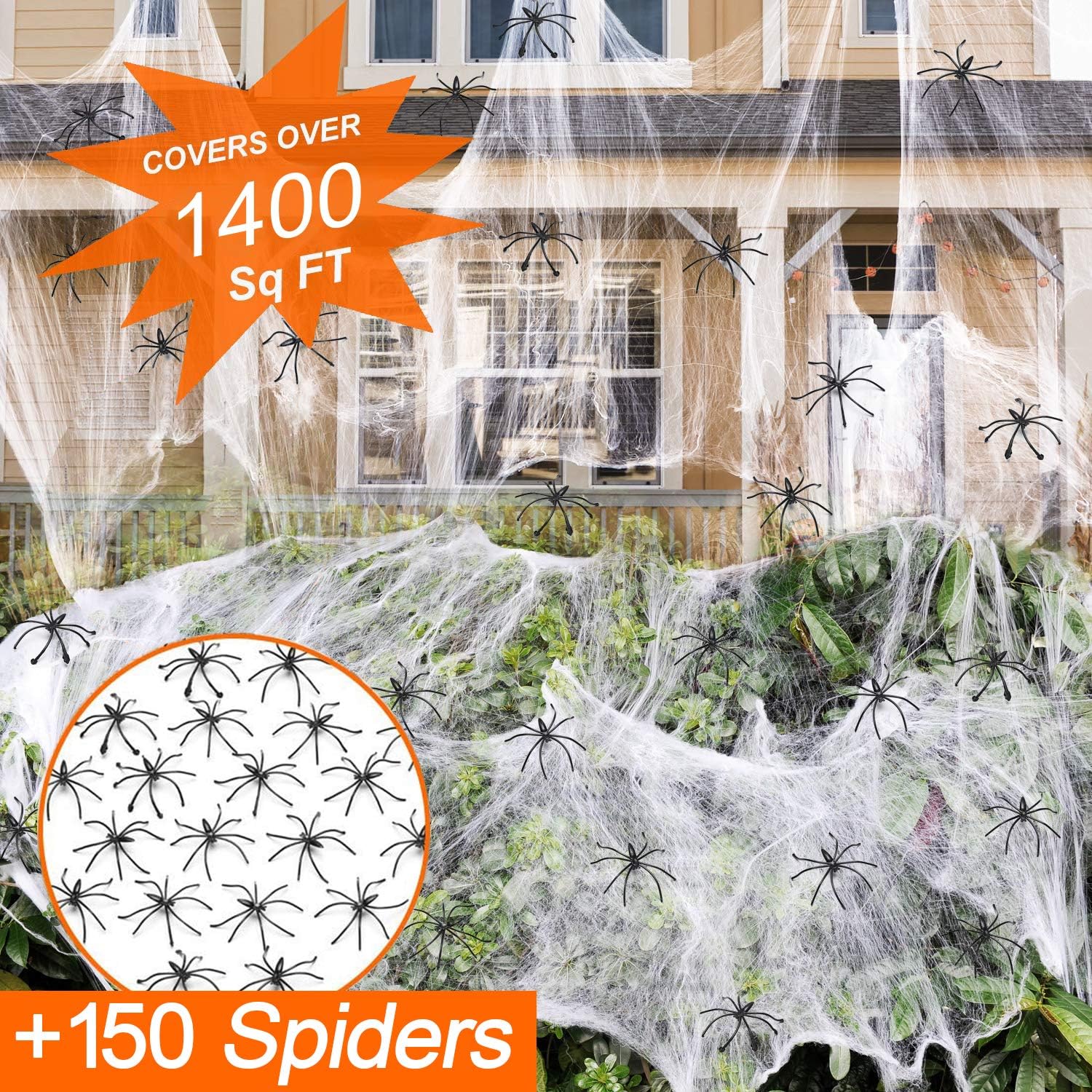 1400 Sqft Halloween Spider Webs Decorations with 150 Extra Fake Spiders, Super Stretchy Cobwebs for Halloween Decor Indoor and Outdoor