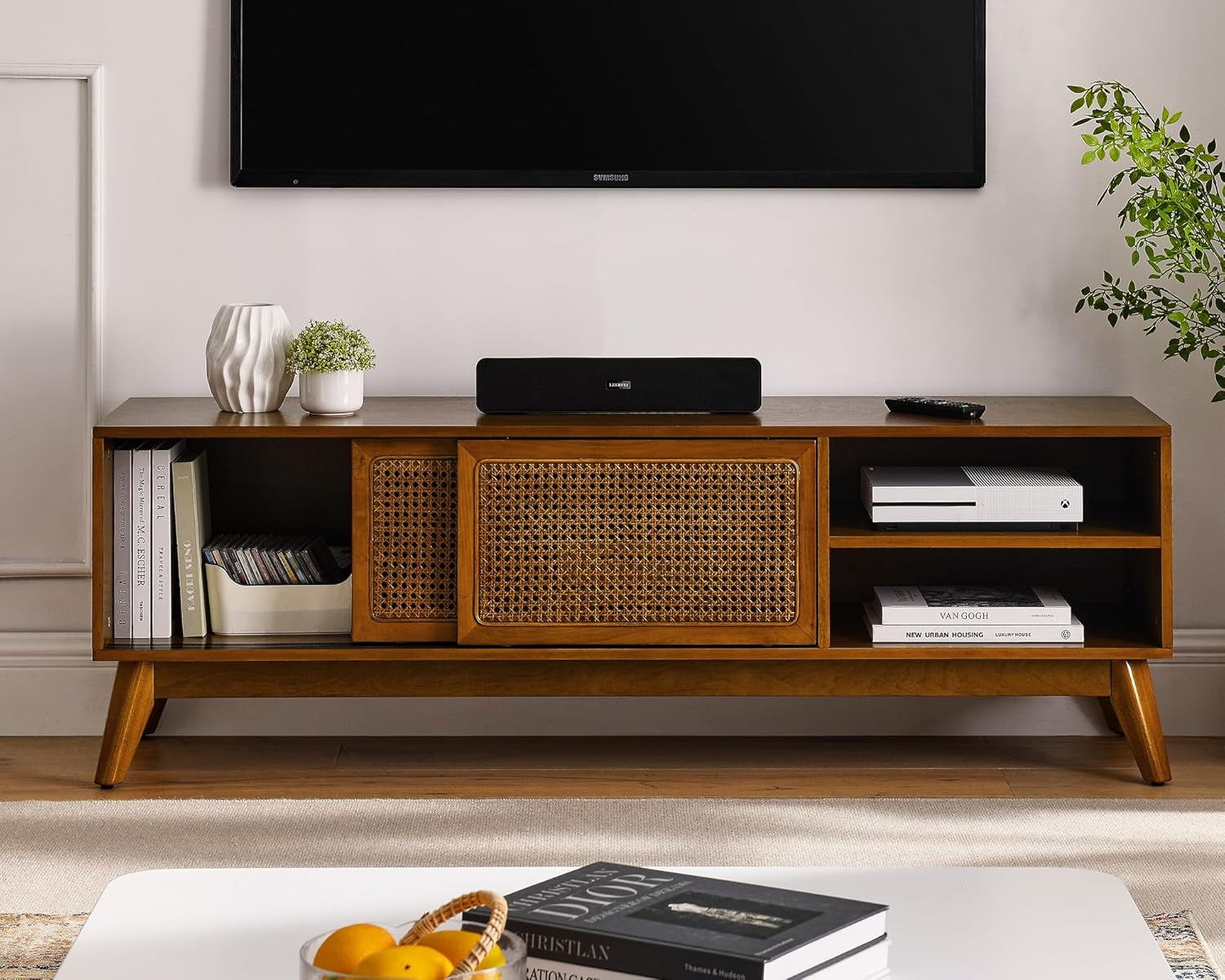 59 Inch Mid Century Modern TV Stand with Rattan Doors, Entertainment Center Media Console for 55/60/65 Inch TV, Boho/Mcm Television Stand for Living Room/Bedroom, Light Wood