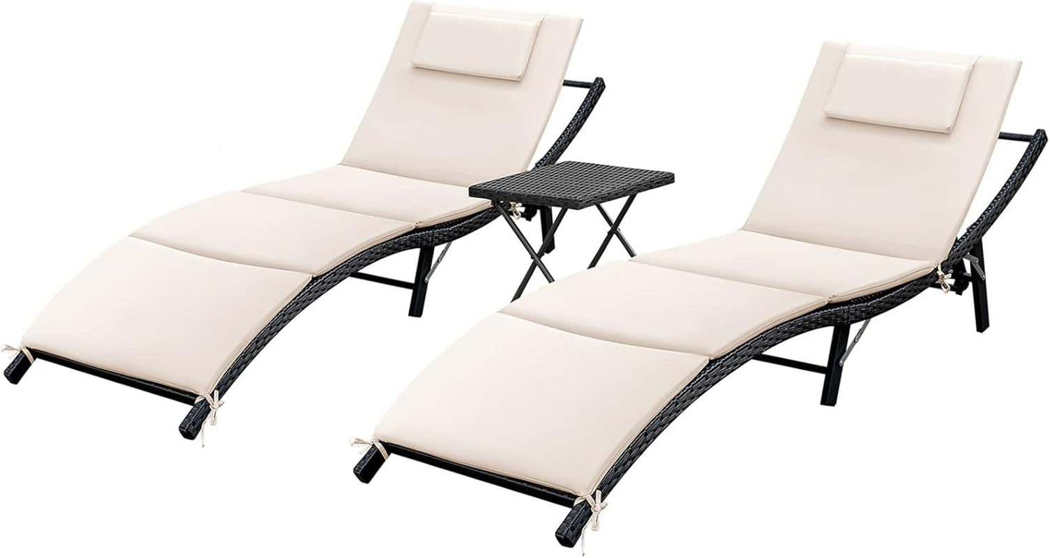 Lounge Chairs for outside 3 Pieces Patio Adjustable Chaise Lounge Outdoor Wicker Lounge Chairs Set of 2 with Table Folding Chaise Lounger for Poolside, Deck, Lawn (Beige)