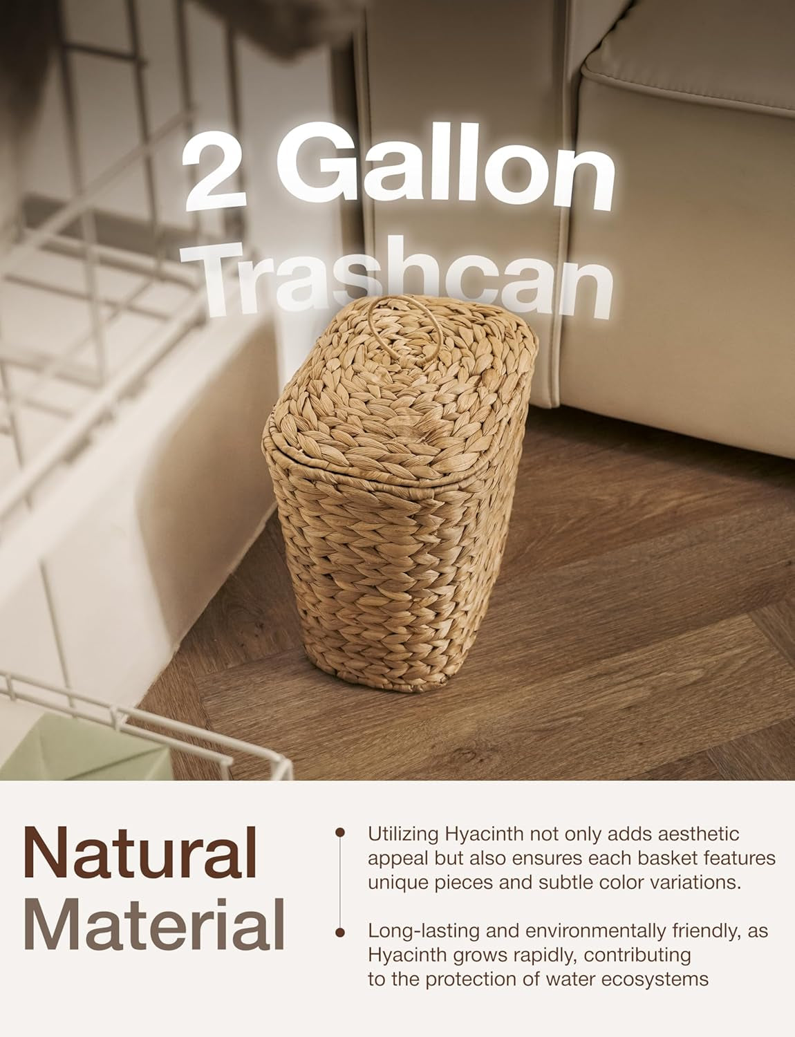 2 Gallons Wicker Waste Basket with Lid - Large Wicker Trash Can for Office - Waste Basket for Bedroom, Bathroom, Kitchen, Living Room - Boho Handwoven Trash Cans for Garbage (2 Gallons)