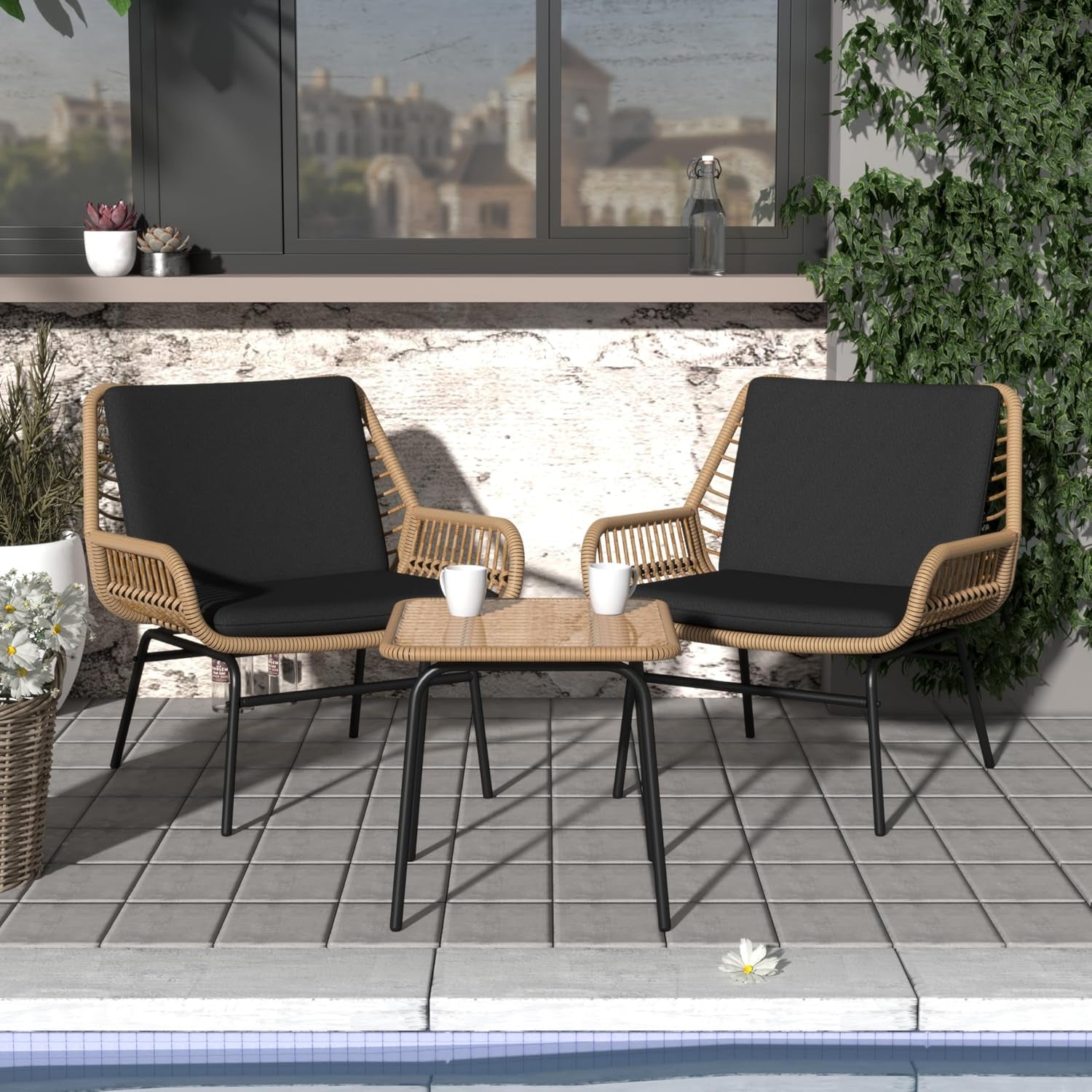 3 Piece Outdoor Patio Furniture Set, Rattan Conversation Sets, All-Weather Wicker Chairs with Cushions and Coffee Table, for Garden Balcony Courtyard Poolside