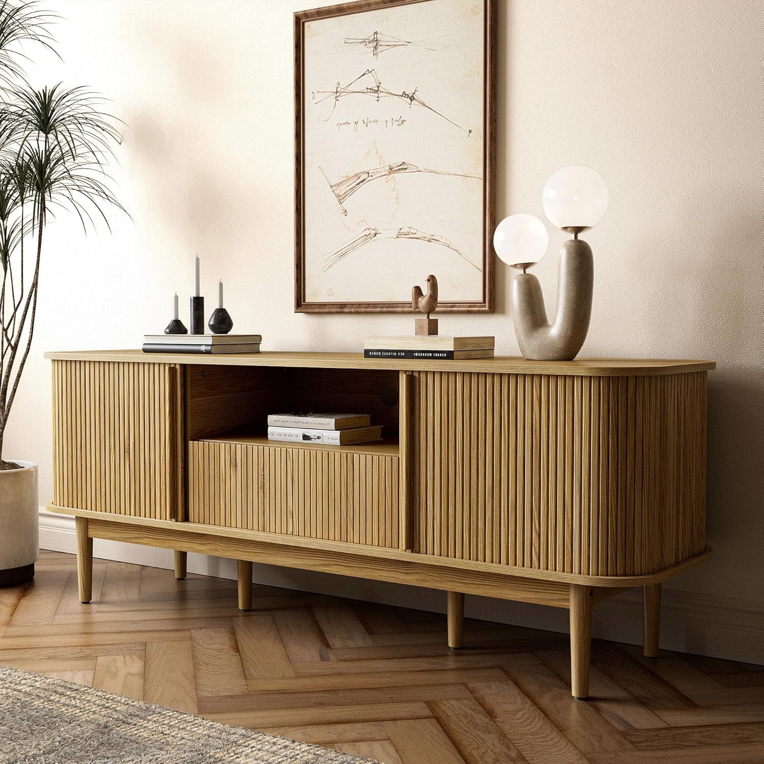Modern TV Stand for 45/55/70 Inch TV, Entertainment Center with Sliding Doors and Storage, Wood TV Stand for Bedroom, Living Room, Natural