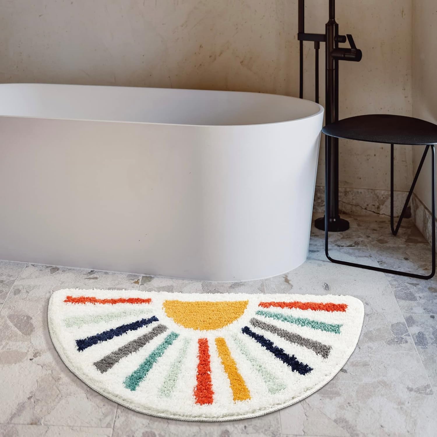 Colorful Boho Bath Mat Half round Water Absorbent Non-Slip Bathroom Rugs, Machine Washable Soft Microfiber Sun Bath Rug for Bathroom, Shower, Room
