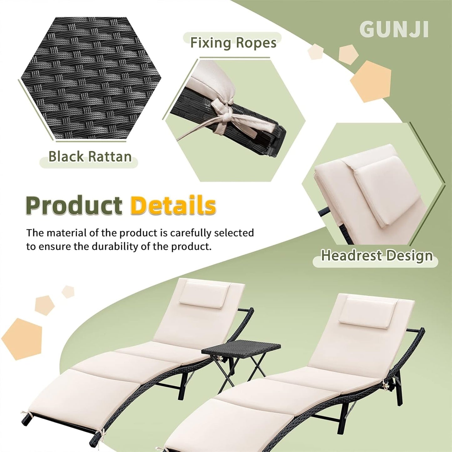 Lounge Chairs for outside 3 Pieces Patio Adjustable Chaise Lounge Outdoor Wicker Lounge Chairs Set of 2 with Table Folding Chaise Lounger for Poolside, Deck, Lawn (Beige)