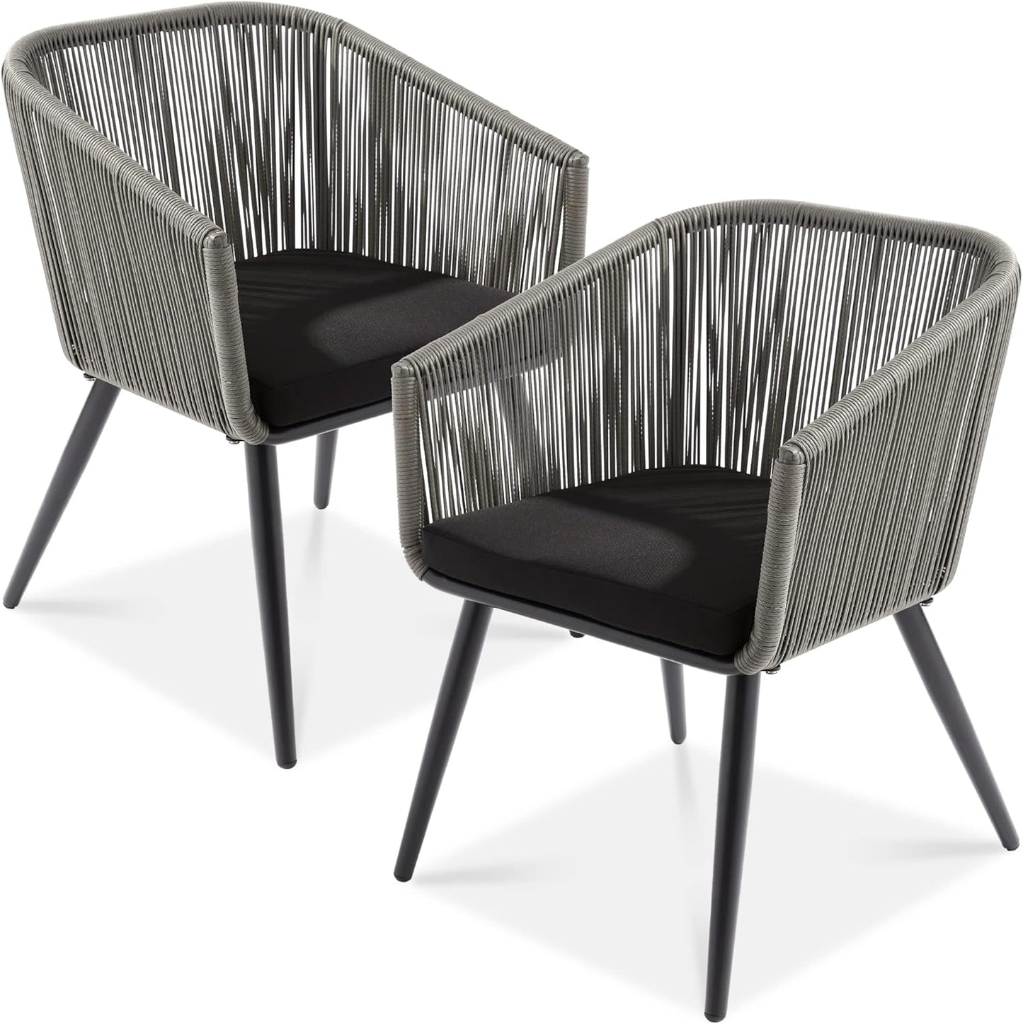 Set of 2 Patio Dining Chairs, Outdoor Seating Set for Backyard, Poolside, Balcony, Indoor Use W/Woven Wicker Design, 250Lb Weight Capacity - Gray/Black
