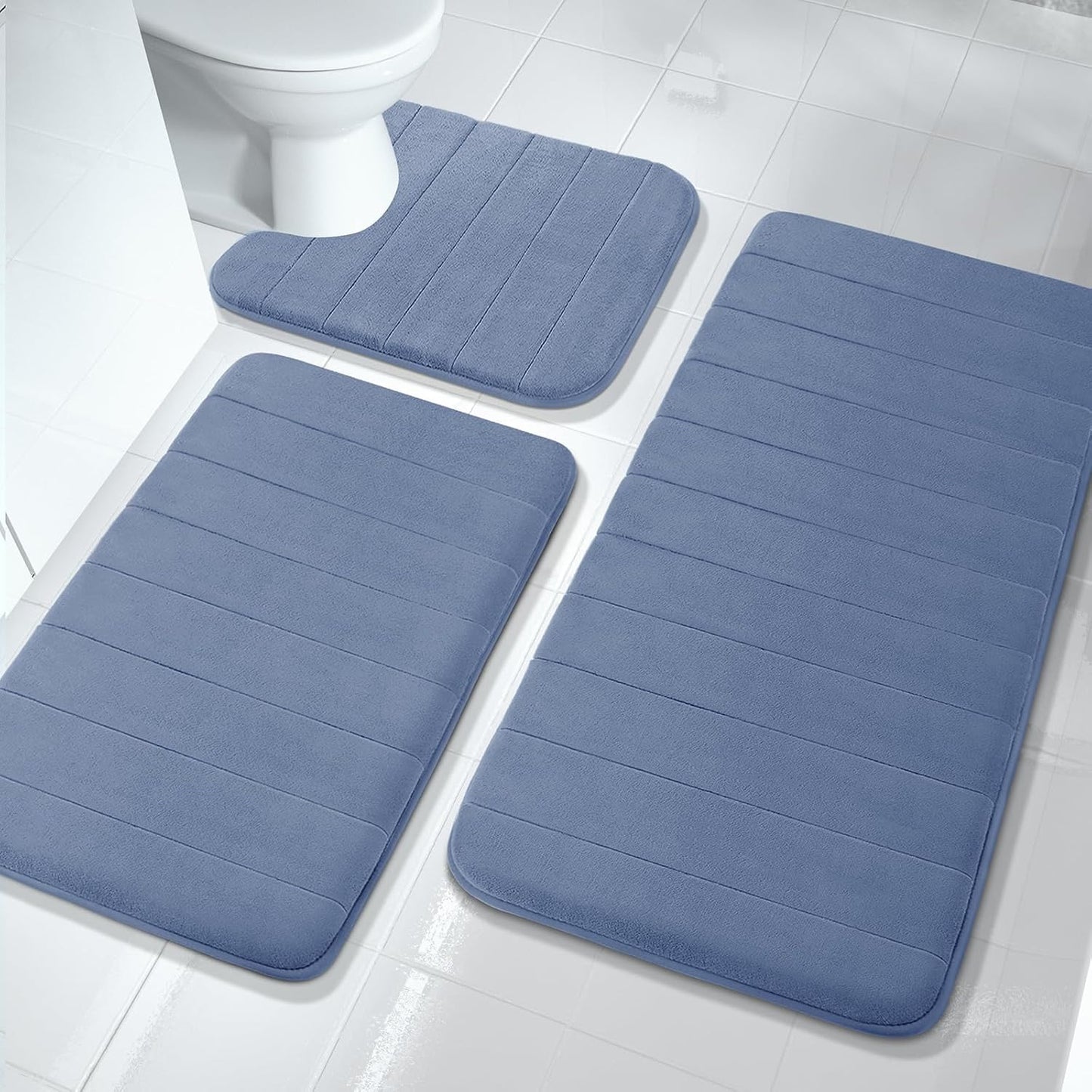 3 Pieces Memory Foam Bath Mat Set with U-Shaped Toilet Rug - Non Slip Super Soft Absorbent Quick Dry Bathroom Rugs for Bathtub, Vanity & Toilet Base, Beige
