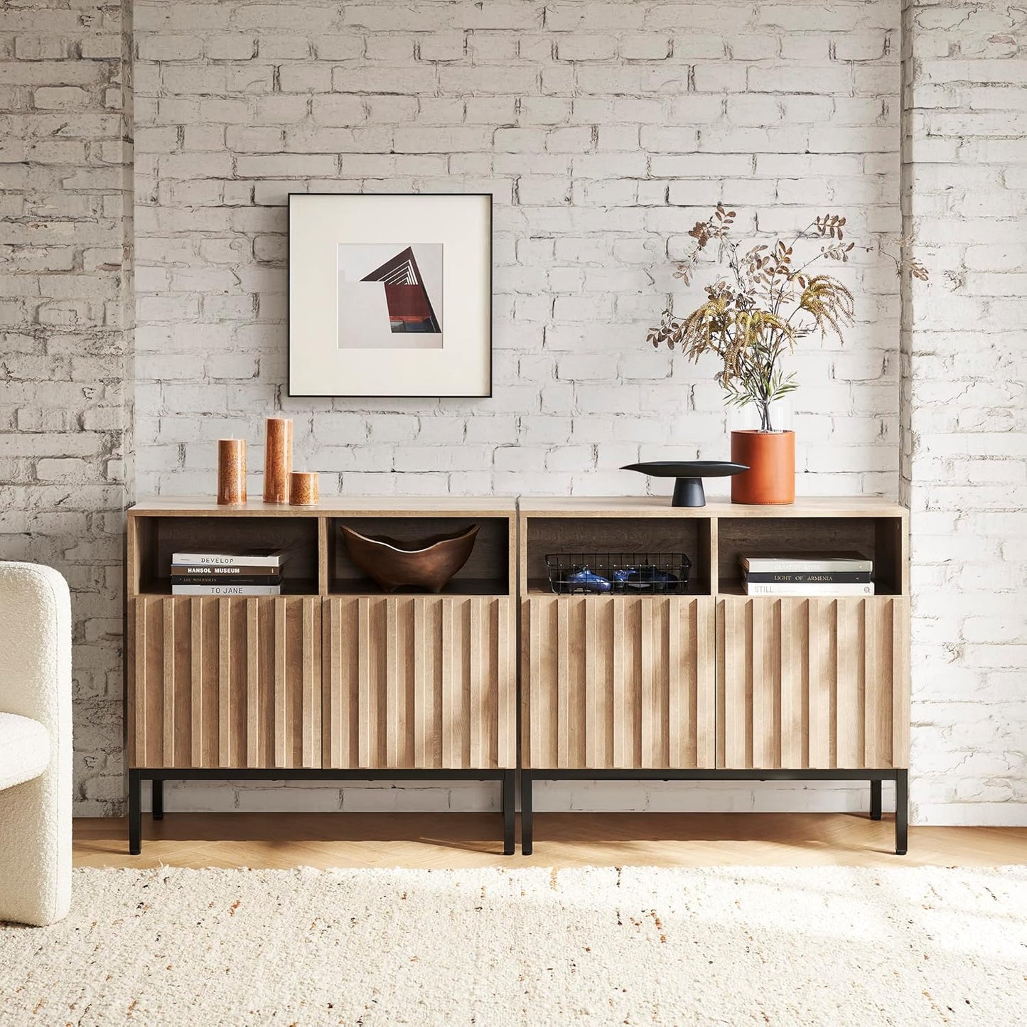Norwin Storage Cabinet, Modern Rustic Industrial Buffet Sideboard, Accent Console Credenza, Fluted Panel Doors, Adjustable Shelves, Sturdy Metal Legs with Leveler (Oak Fluted Entryway, Single)