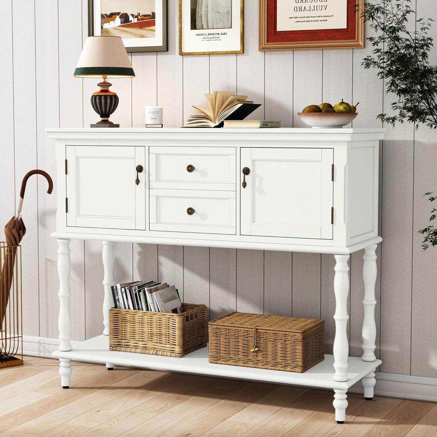 Console Table with 2 Drawers, Retro Entryway Table with 2 Door Cabinets and Open Storage Shelf, Narrow Long behind Couch Sofa Table for Living Room, Foyer, Hallway, Green