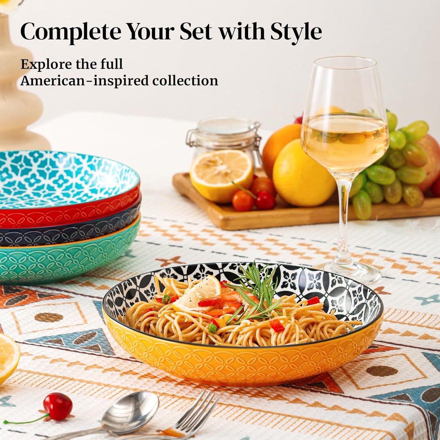 10" Vibrant Pasta, Salad & Soup Serving Bowls Set of 4, Embossed Large Porcelain Ceramic, Microwave & Dishwasher Safe, Bonita Design Dinnerware Dishes for Daily Dining, Family Gatherings, Party