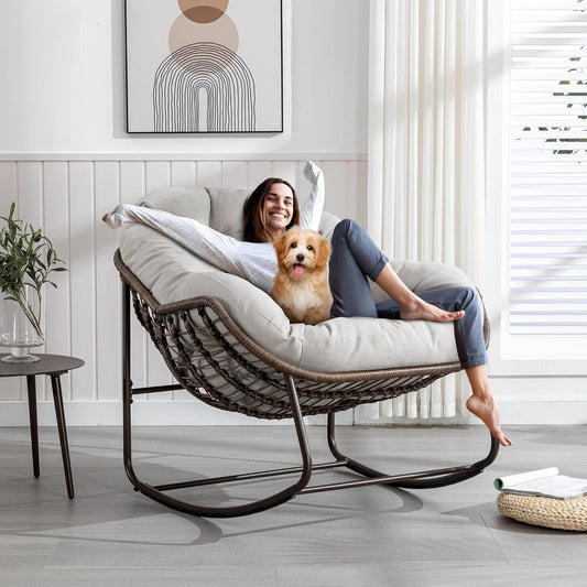 Large Indoor Outdoor Rocking Chair, Oversized Rocking Papasan Chair with Thick Cushion and Frame Outdoor Rocker, Comfy Wicker Egg Chairs Lounge for outside Porch Patio Backyard Balcony (Beige)