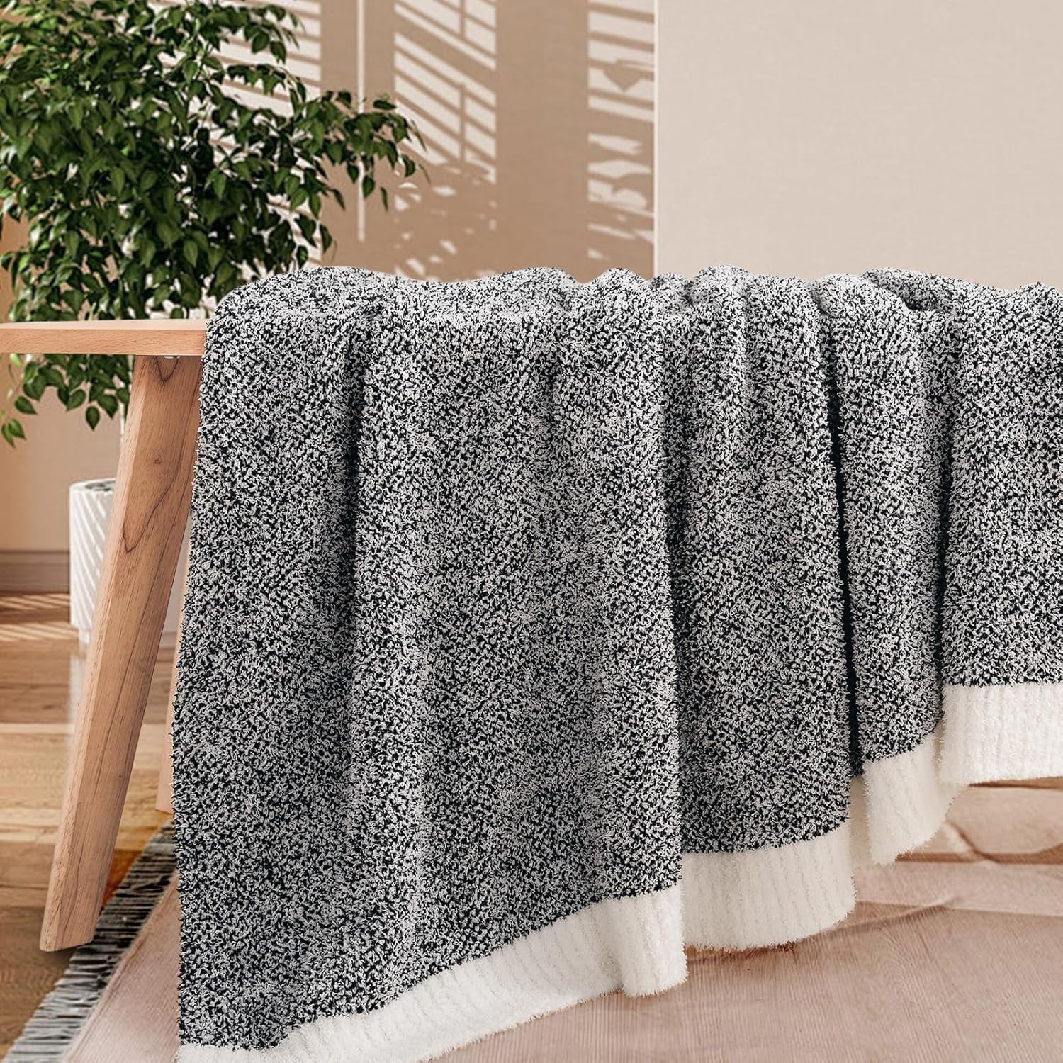 Soft Throw Blankets for Couch, Reversible Warm Blankets Cozy Knit Blanket for Women, Fuzzy Plush Lightweight Throws for Sofa, Bed, Picnic, Black 50 X 60 Inches