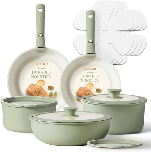 Pots and Pans Set, Nonstick Cookware Set Detachable Handle, 15Pcs Induction Kitchen Cookware Sets Non Stick with Removable Handle, RV Cookware Set, Oven Safe, Sage Green