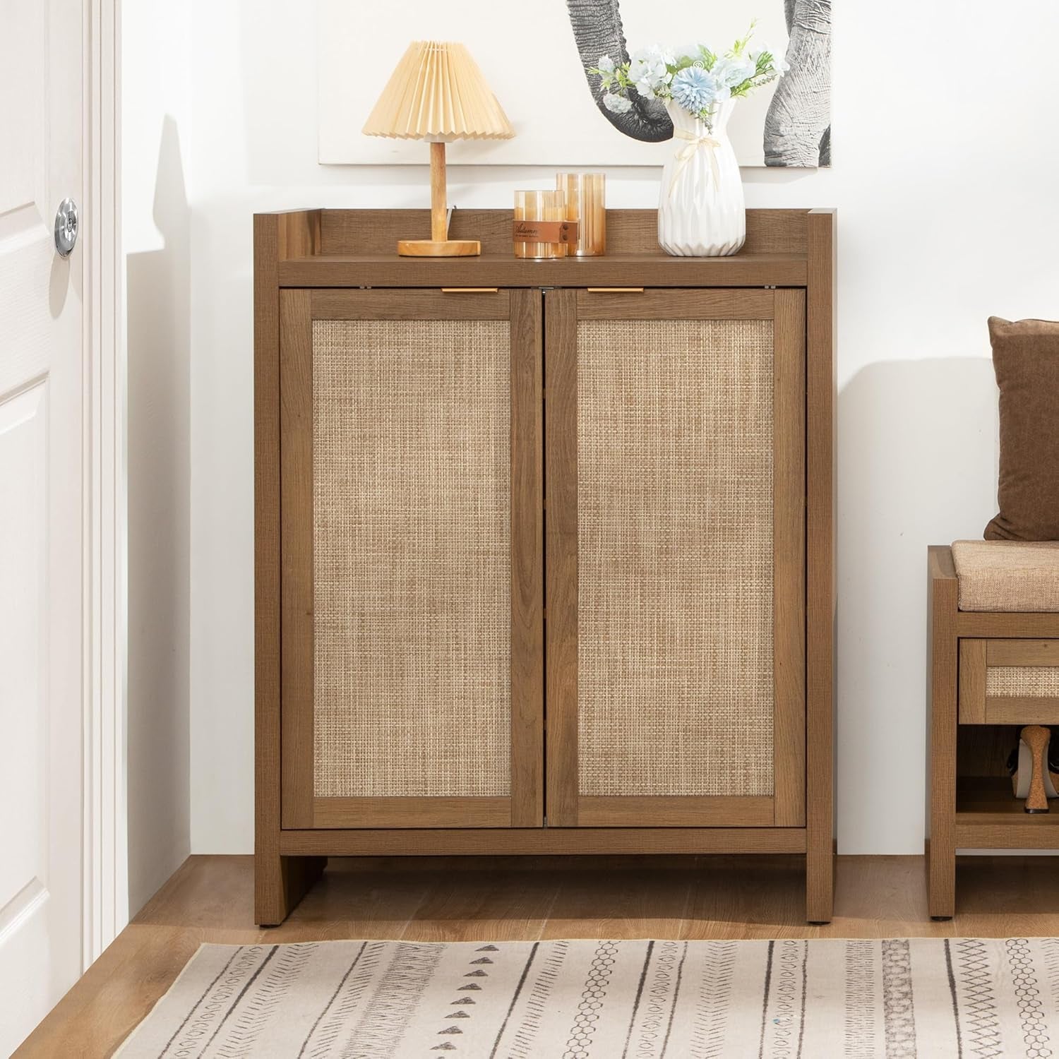 Shoe Cabinet, 24 Pair Shoe Storage Organizer Cabinet, 41" Tall Rattan Shoe Cabinet with Doors and Shelves, 6-Tier Farmhouse Boho Wooden Storage Cabinet for Entryway Hallway Closet