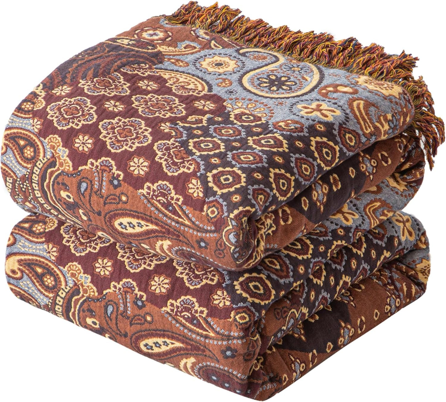 Boho Throw Blanket for Couch Sofa Bed, 100% Cotton Woven Quilt with Tassel 60”X80”, Super Soft Muslin Blanket with Floral Printed, Decorative Reversible Bed Blanket/Cover for All Seasons