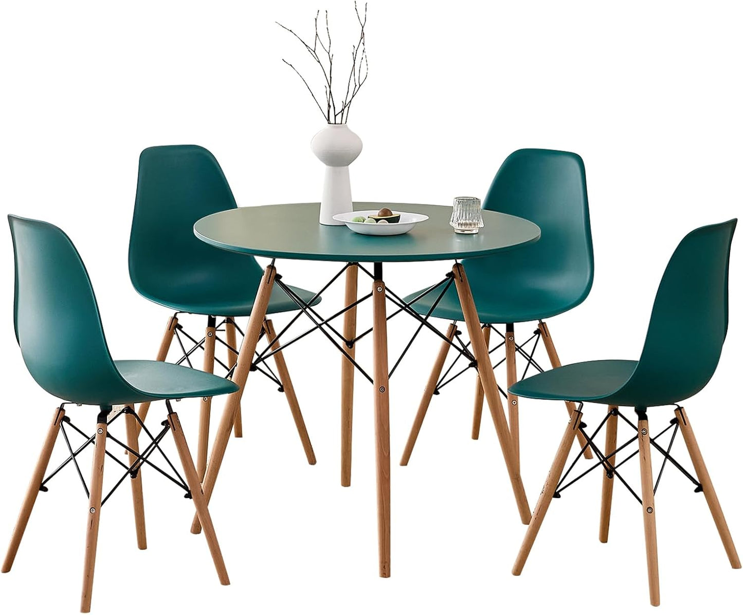 5-Piece round Dining Table Set, Small 31.5" Kitchen Table Chairs Set of 4 Space Saving Furniture, Plastic Seats, Solid Wood Legs, for Living Room Apartment Office Home, Green