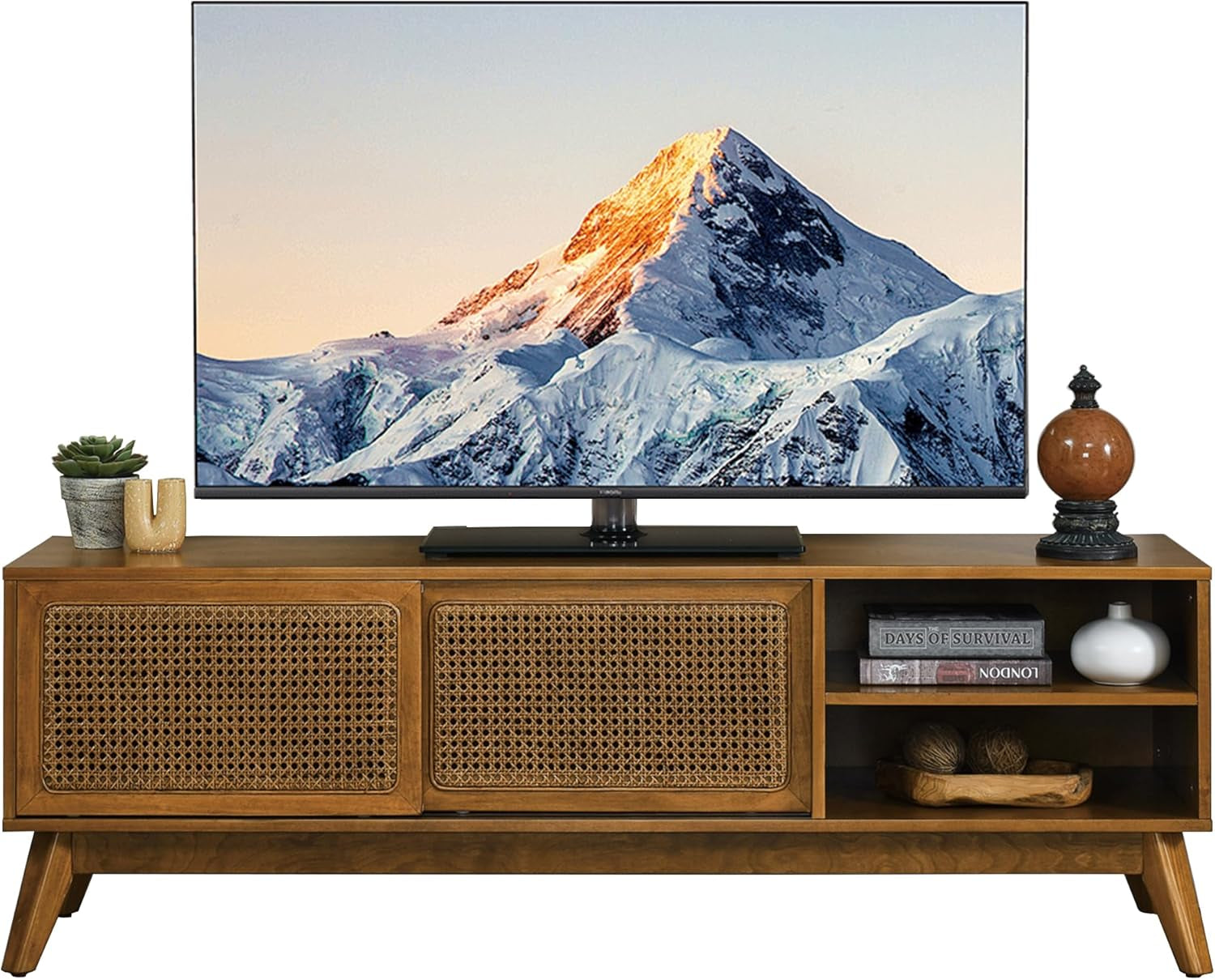 59 Inch Mid Century Modern TV Stand with Rattan Doors, Entertainment Center Media Console for 55/60/65 Inch TV, Boho/Mcm Television Stand for Living Room/Bedroom, Light Wood