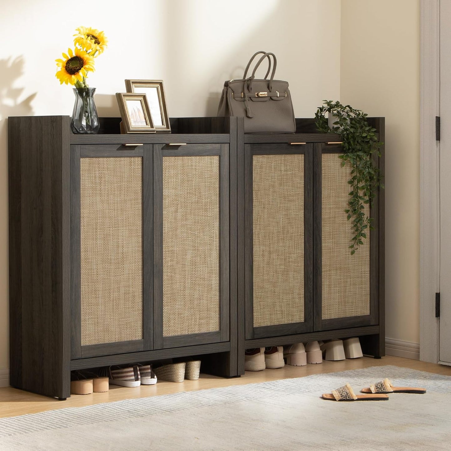 Shoe Cabinet, 24 Pair Shoe Storage Organizer Cabinet, 41" Tall Rattan Shoe Cabinet with Doors and Shelves, 6-Tier Farmhouse Boho Wooden Storage Cabinet for Entryway Hallway Closet