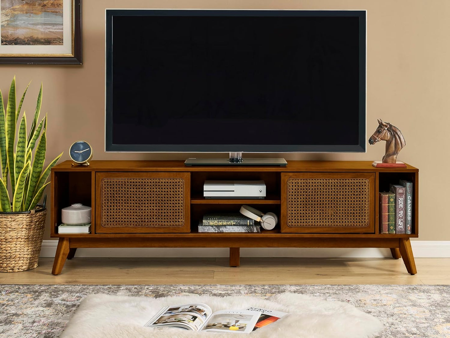 59 Inch Mid Century Modern TV Stand with Rattan Doors, Entertainment Center Media Console for 55/60/65 Inch TV, Boho/Mcm Television Stand for Living Room/Bedroom, Light Wood