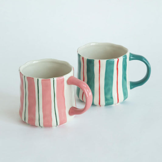 Striped Ceramic Coffee Mugs Set - 2 Pack, Pink & Green，Perfect for Morning Brew or Tea and Cocoa - for Coffee Lovers