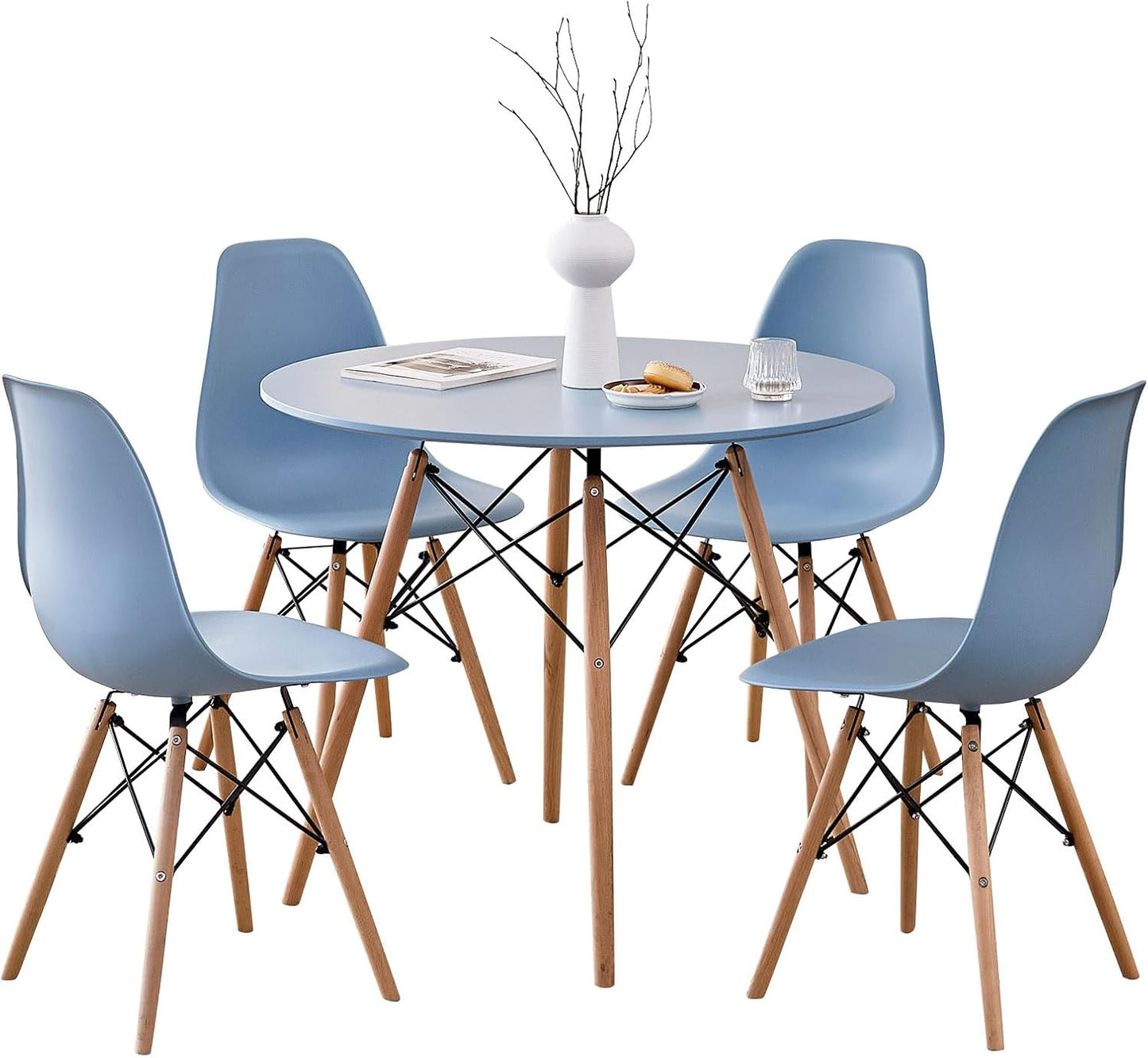 5-Piece round Dining Table Set, Small 31.5" Kitchen Table Chairs Set of 4 Space Saving Furniture, Plastic Seats, Solid Wood Legs, for Living Room Apartment Office Home, Green