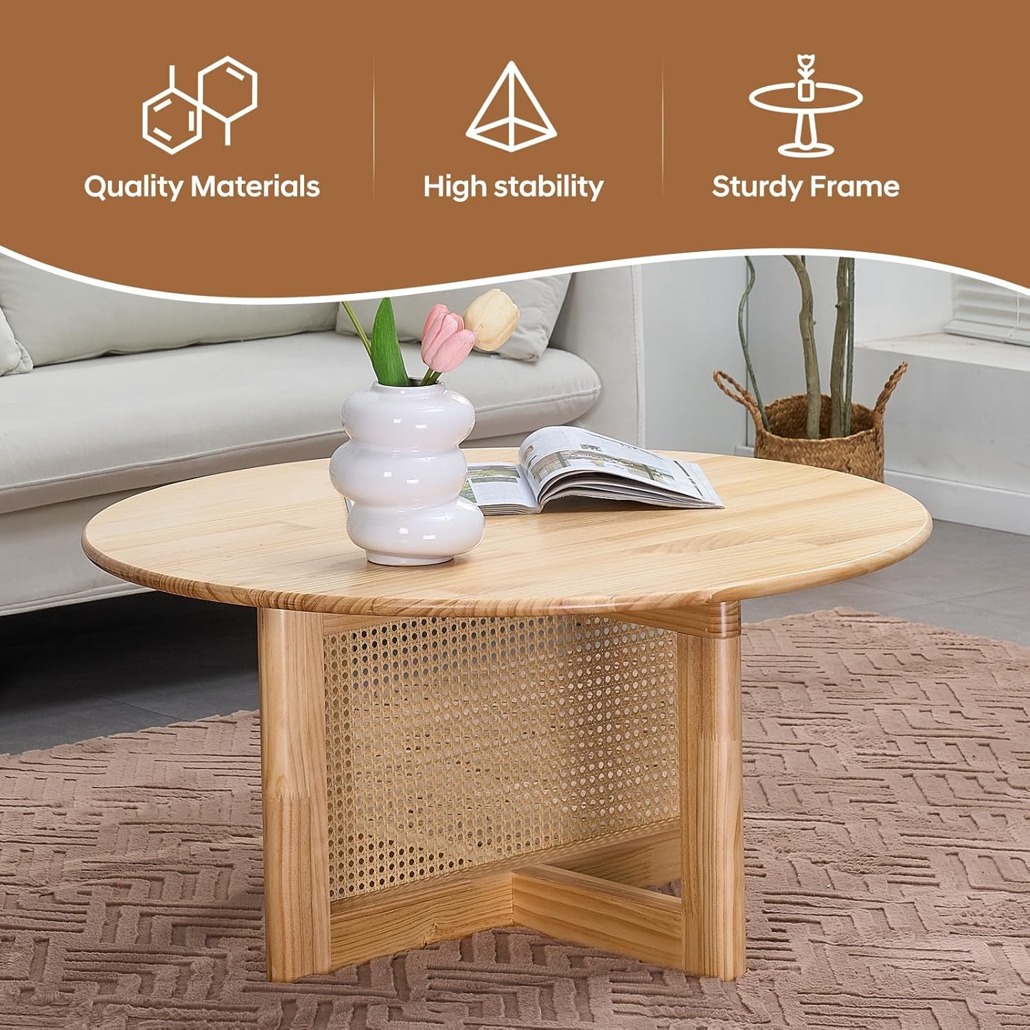Rattan Coffee Table, 33 Inch Solid Wood Coffe Table with PE Rattan Stand, Unique Modern round Coffee Table for Living Room, Natural