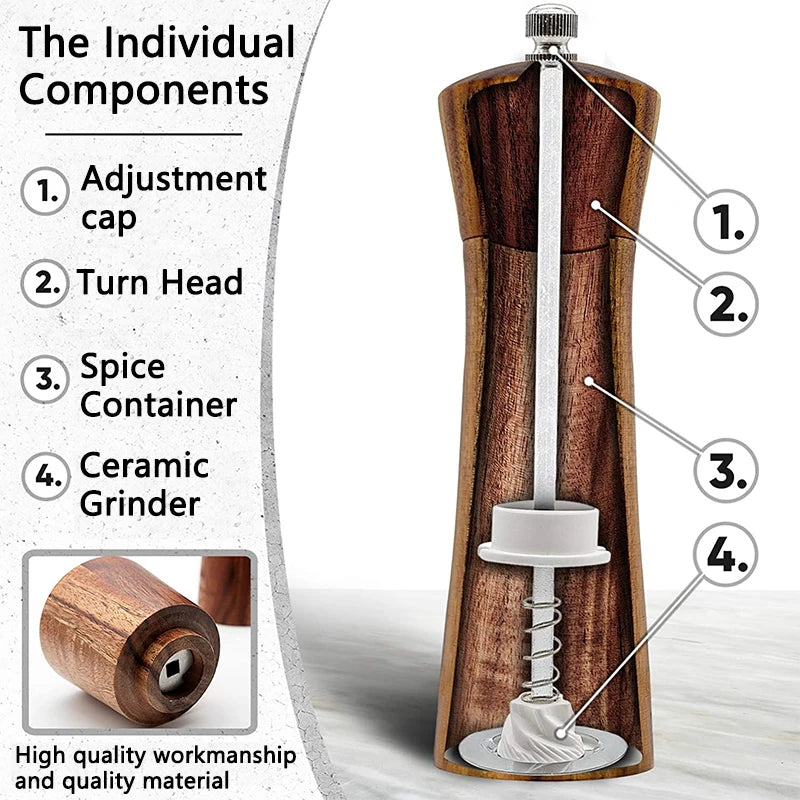 Acacia Wood Salt &amp; Pepper Grinder – Adjustable Ceramic Mill