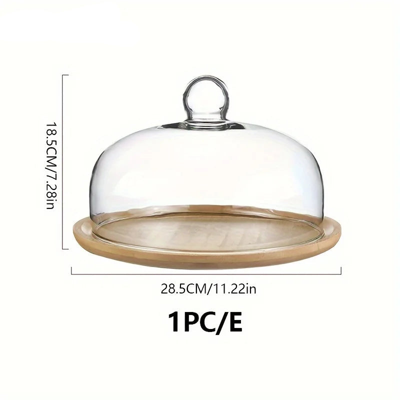 Bamboo Cake Stand with Glass Dome Lid – Round Dessert Display Tray