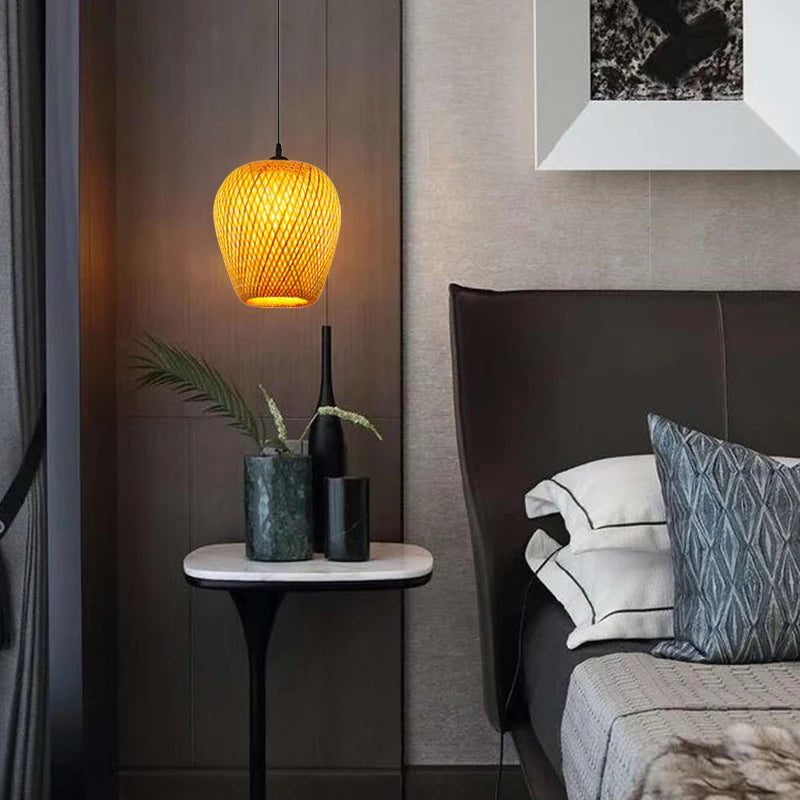 Handwoven Bamboo Pendant Light – 10.2” Woven Ceiling Lamp (E27 Base)