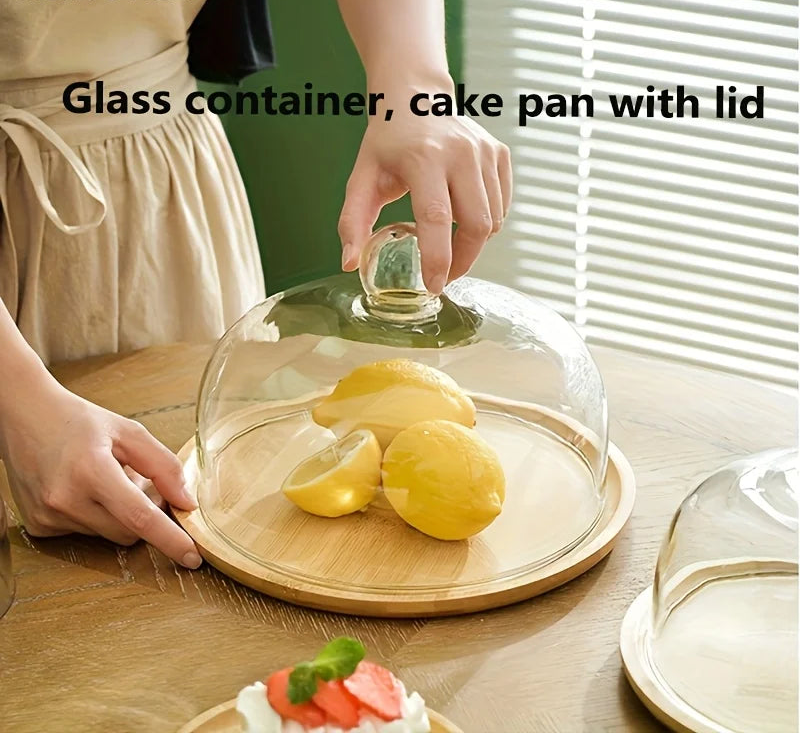 Bamboo Cake Stand with Glass Dome Lid – Round Dessert Display Tray