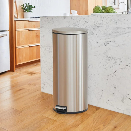 7.9 Gallon Stainless Steel Step Trash Can – Soft Close, Hands-Free Design