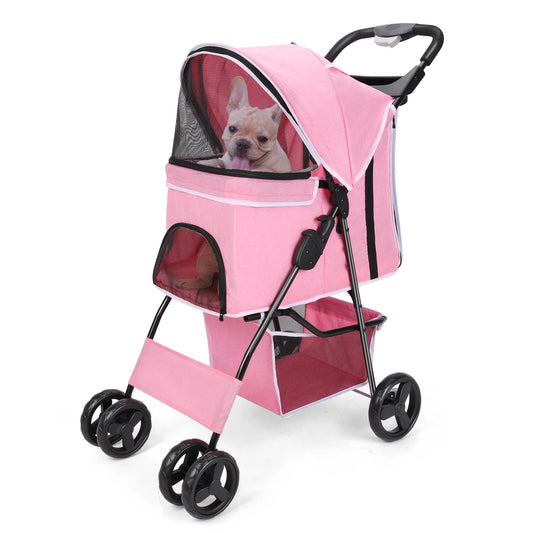 Foldable Pet Stroller – Pink 4-Wheel Dog &amp; Cat Carrier