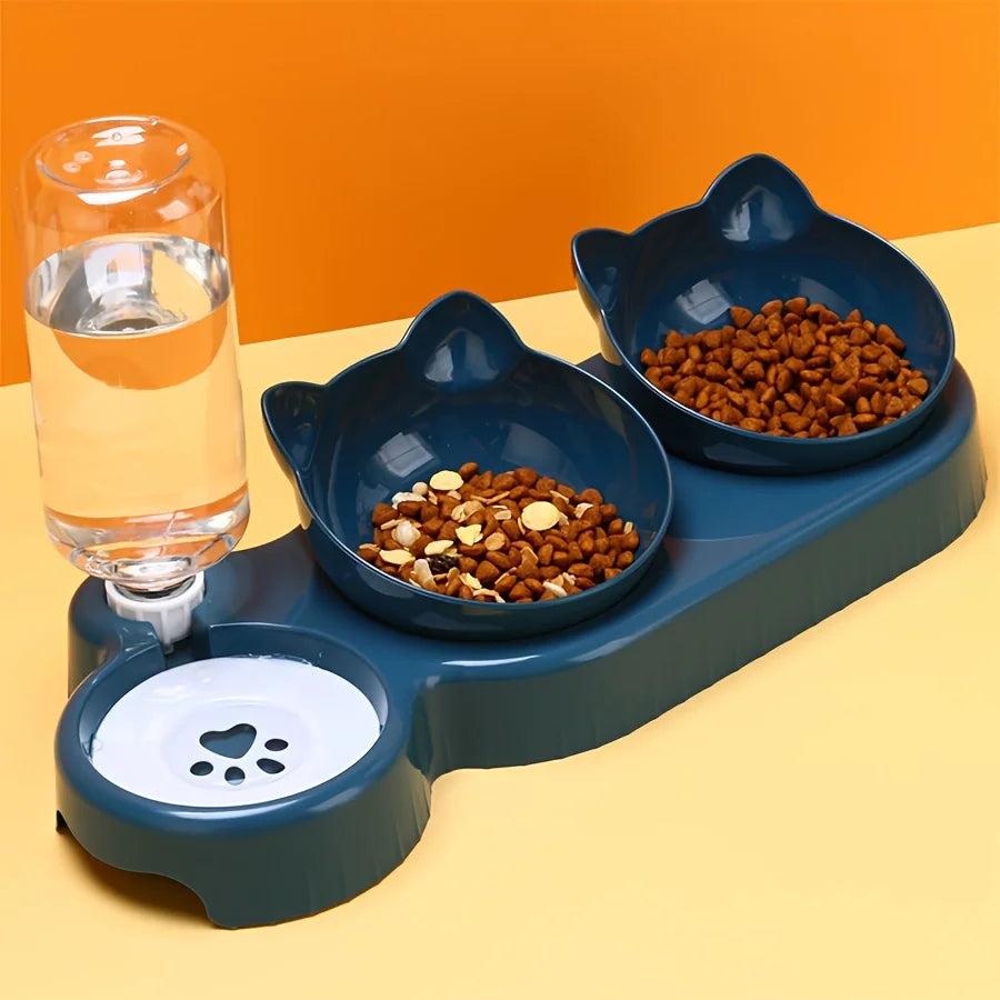 Cat Food Bowl with Water Dispenser – Rounded Plastic Feeder for Cats