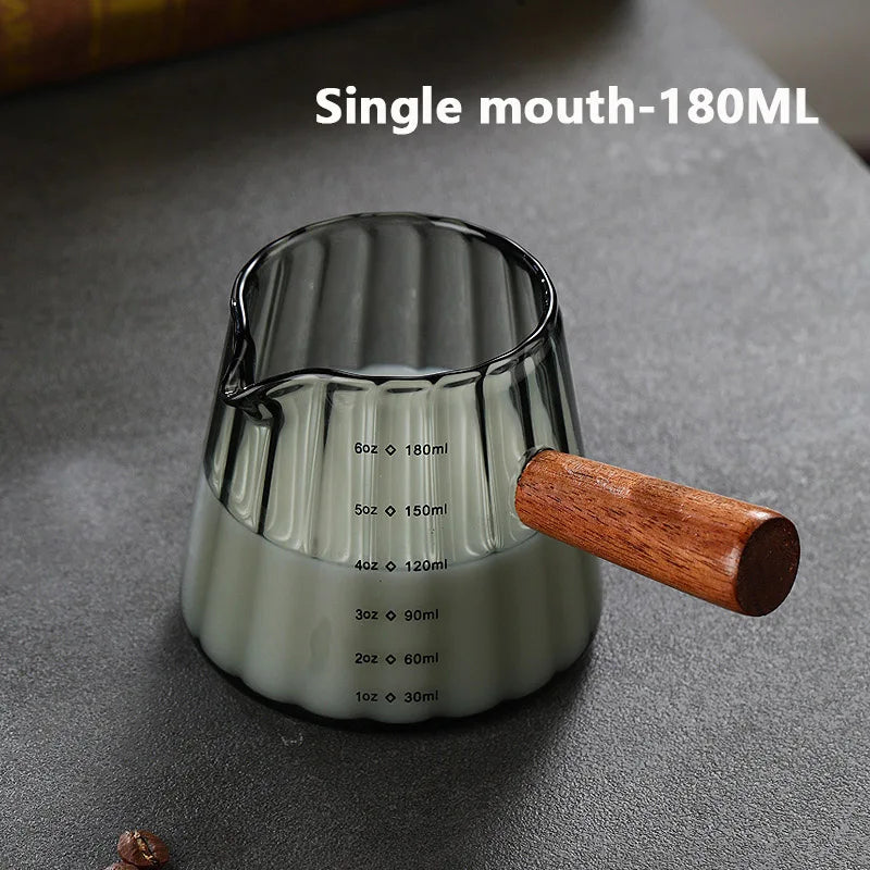 Glass Measuring Cup – Wooden Handle, Single/Double Mouth, 3 fl oz / 4 fl oz / 6 fl oz