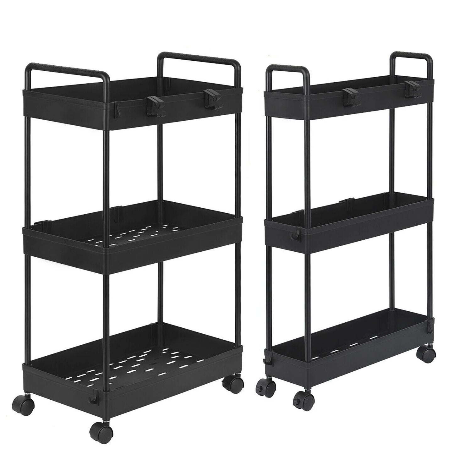 2-Piece Slim and Wide 3-Tier Rolling Utility Cart Set – Black